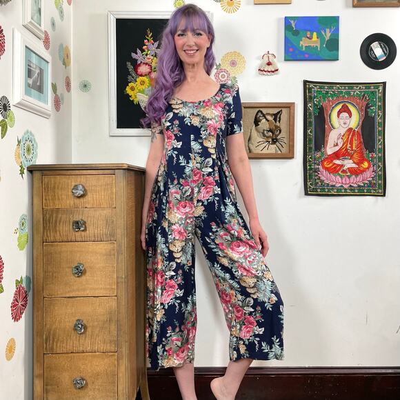 Vintage Floral Rayon Jumpsuit, 1980s Navy & Pink One Piece by Expo, Sz S - Picture 11 of 11